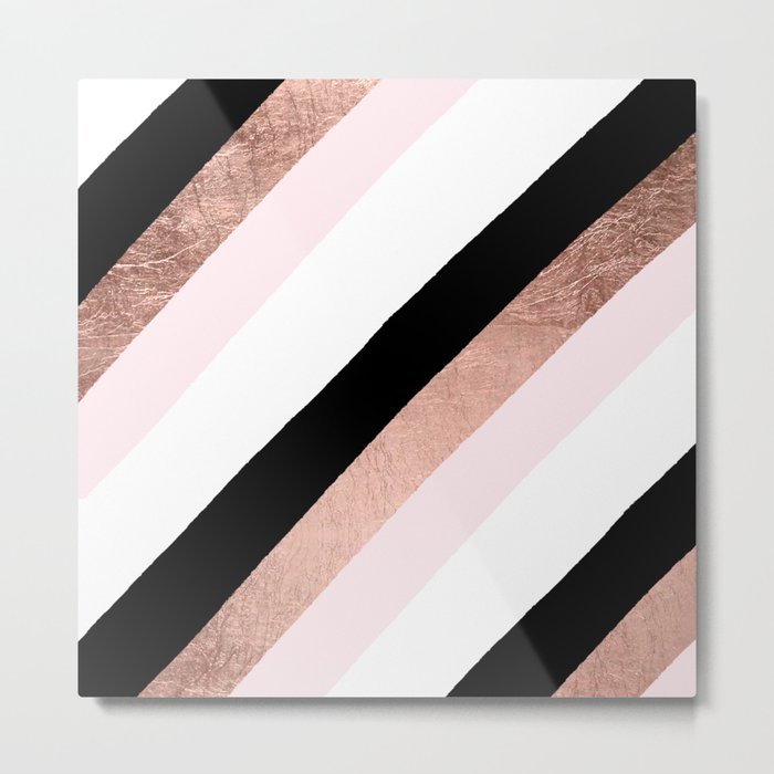Modern trendy black blush pink rose gold geometric stripes pattern Metal Print