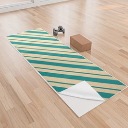 [ Thumbnail: Dark Cyan and Tan Colored Lines/Stripes Pattern Yoga Towel ]