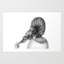 Girl Holding Hair Braid Pencil Drawing Art Print