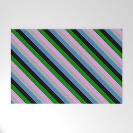 [ Thumbnail: Vibrant Plum, Dark Grey, Blue, Black & Green Colored Stripes Pattern Welcome Mat ]