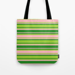 [ Thumbnail: Forest Green, Green, and Light Pink Colored Lined Pattern Tote Bag ]