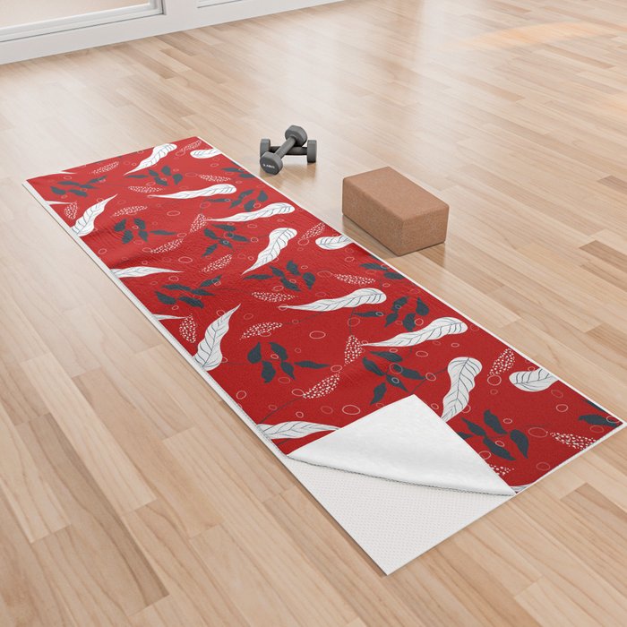 Leaf Pattern On Red Background Yoga Towel