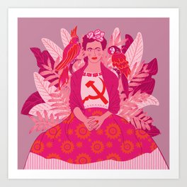 Communist Frida Kahlo and Parrots in Pink Hammer and Sickle Art Print