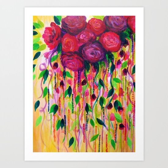 ROSES ARE RAD - Bold Fun Red Roses Floral Bouquet Vines, Flowers Abstract Acrylic Painting Fine Art Art Print