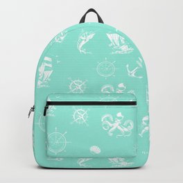 Mint Blue And White Silhouettes Of Vintage Nautical Pattern Backpack
