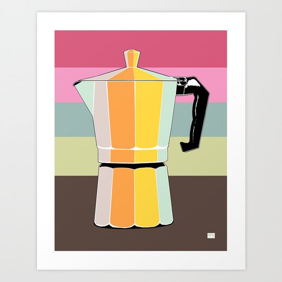 Retro Espresso Pot on Striped Conch Background Art Print