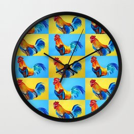 Rooster Collage with Happy Abstract Roosters Wall Clock
