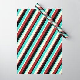 [ Thumbnail: Turquoise, Beige, Red & Black Colored Pattern of Stripes Wrapping Paper ]