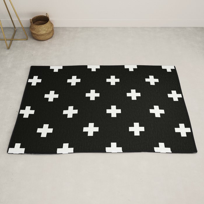Swiss cross pattern white on black Rug by Elfina Society6