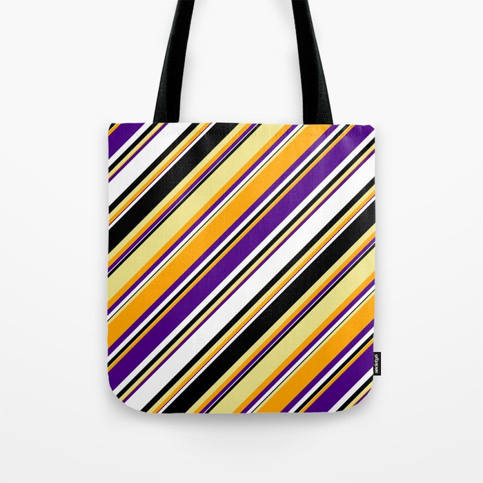 Vibrant Tan, Orange, Indigo, White, and Black Colored Lines/Stripes Pattern Tote Bag