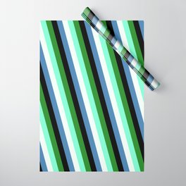 [ Thumbnail: Colorful Forest Green, Aquamarine, Mint Cream, Blue & Black Colored Stripes Pattern Wrapping Paper ]