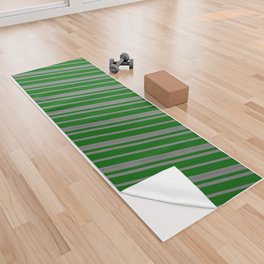 [ Thumbnail: Gray and Dark Green Colored Lined Pattern Yoga Towel ]