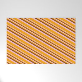 [ Thumbnail: Brown, Pink & Orange Colored Lined/Striped Pattern Welcome Mat ]