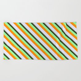 [ Thumbnail: Colorful Green, Dark Orange, Lavender, Dark Olive Green, and Black Colored Lined Pattern Beach Towel ]