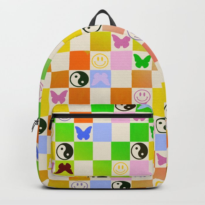 Y2k Butterfly Yin Yang Smiley Rainbow Gradient Checker Backpack