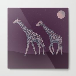 Giraffes Wandering at Night - Red Metal Print