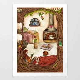 Girl reading in a tree house Christmas iIllustration Art Print