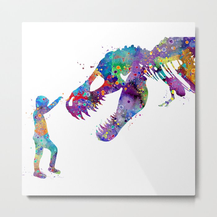 Boy and Dinosaur T-Rex Watercolor Metal Print