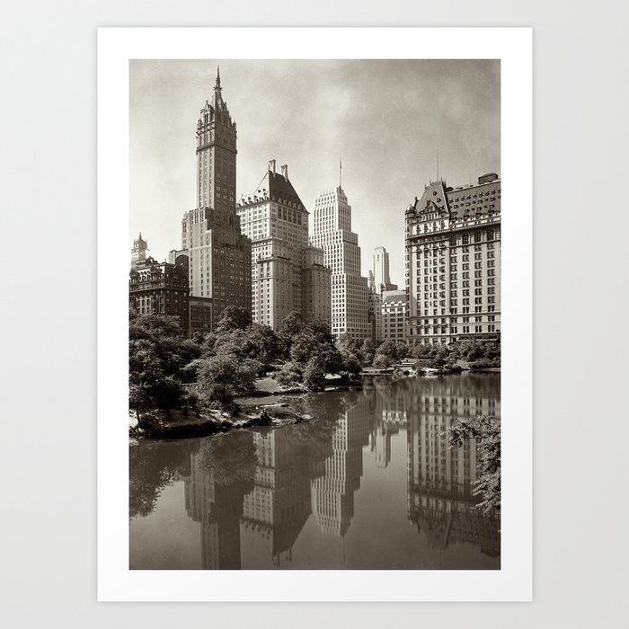 View of plaza buildings, over park lake,  Central Park, New York City black and white photograph Art Print