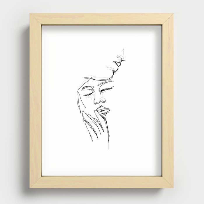 Minimalist Line Art - Two Lovers Cuddling - Minimal Design Recessed Framed Print