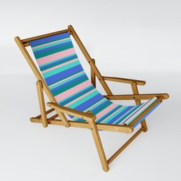 [ Thumbnail: Turquoise, Royal Blue, Dark Cyan, and Pink Colored Stripes Pattern Sling Chair ]