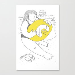 Girl inflating a swim ring Canvas Print