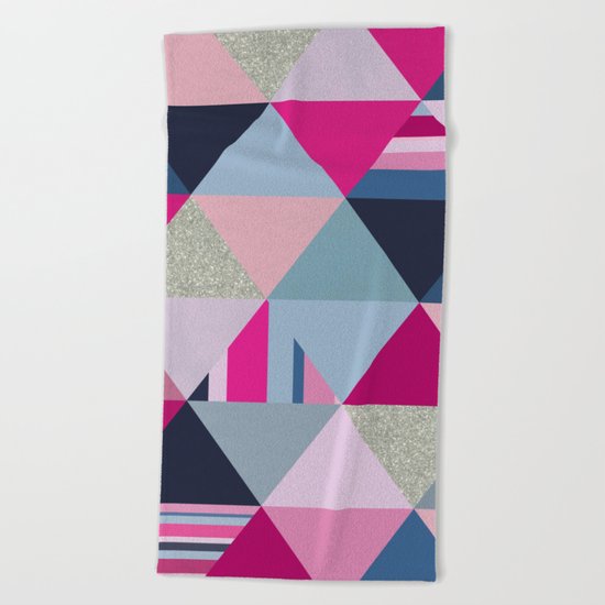Pink, Blue and Silver Triangles Beach Towel
