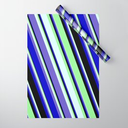 [ Thumbnail: Green, Light Cyan, Slate Blue, Blue, and Black Colored Stripes Pattern Wrapping Paper ]