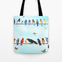 birds on a line with butterflies of North America Tote Bag