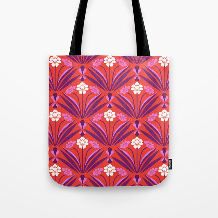 Art deco floral pattern in red, pink, and purple Tote Bag
