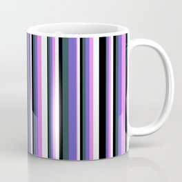 [ Thumbnail: Eyecatching Dark Slate Gray, Slate Blue, Violet, Mint Cream, and Black Colored Pattern of Stripes Coffee Mug ]