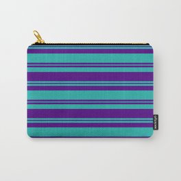 [ Thumbnail: Light Sea Green & Indigo Colored Stripes Pattern Carry-All Pouch ]