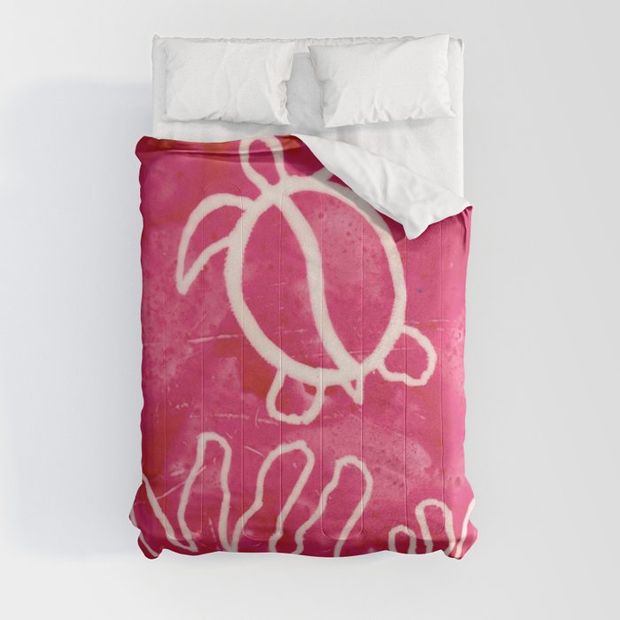 Honu Petroglyph with Coral - Pink Comforter