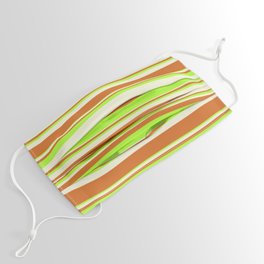 [ Thumbnail: Beige, Chocolate & Light Green Colored Lined/Striped Pattern Face Mask ]