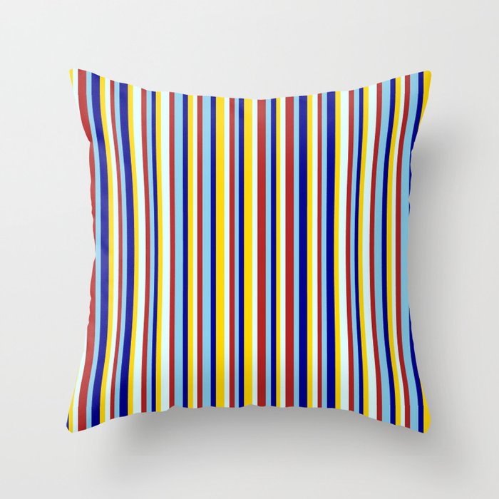 Vibrant Red, Light Cyan, Yellow, Dark Blue, and Sky Blue Colored Lines Pattern Throw Pillow