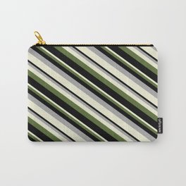 [ Thumbnail: Dark Grey, Beige, Dark Olive Green, and Black Colored Striped/Lined Pattern Carry-All Pouch ]
