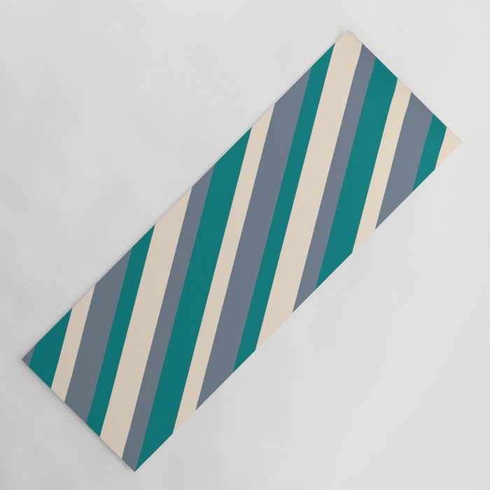 Beige, Slate Gray, and Teal Colored Lined/Striped Pattern Yoga Mat