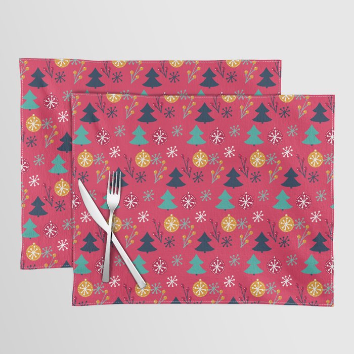 Christmas Pattern Tree Snowflake Bauble Pink Placemat