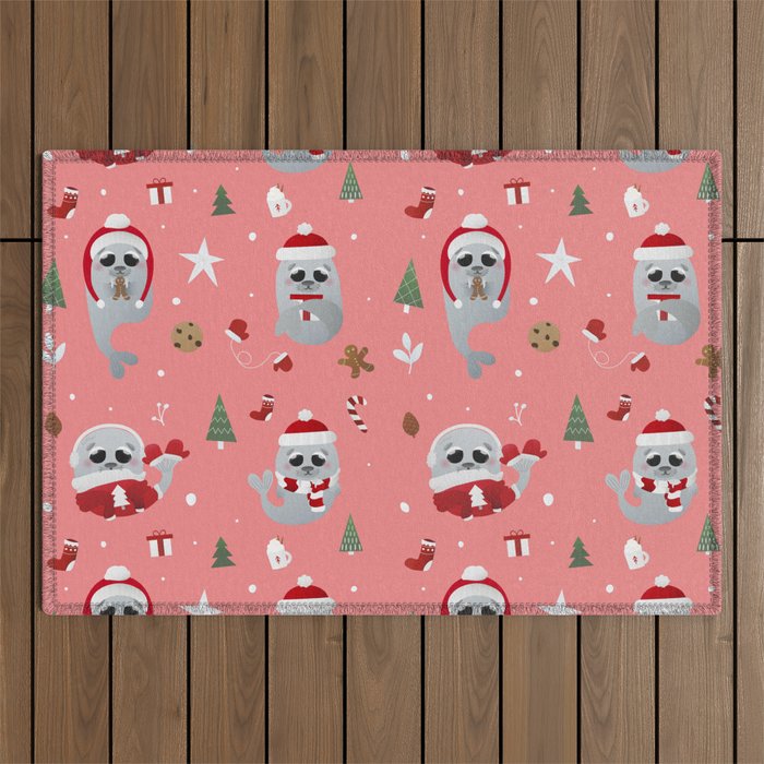 Winter Christmas or New Year Pattern with Walruses in Holiday Attributes Outdoor Rug