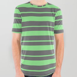 [ Thumbnail: Light Green and Dim Gray Colored Striped/Lined Pattern All Over Graphic Tee ]