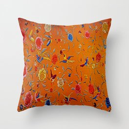 Embroidered Birds and Flowers on Orange  Throw Pillow