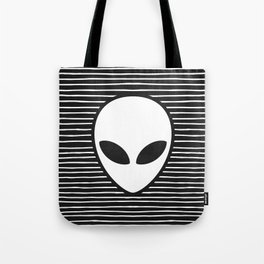 Alien on Black and White stripes Tote Bag