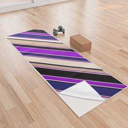 [ Thumbnail: Eye-catching Tan, Dark Violet, Beige, Black, and Midnight Blue Colored Lined/Striped Pattern Yoga Towel ]