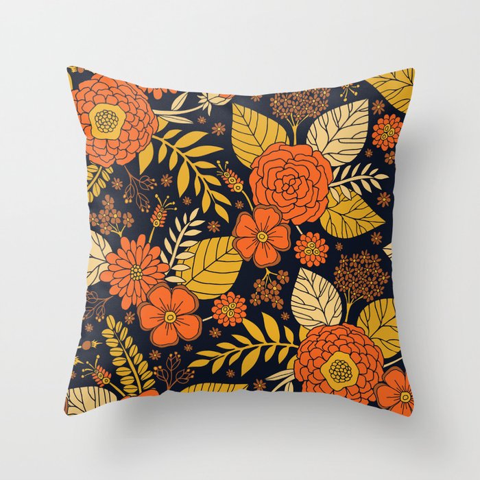 Retro Orange Yellow Brown Navy Floral Pattern Throw Pillow By