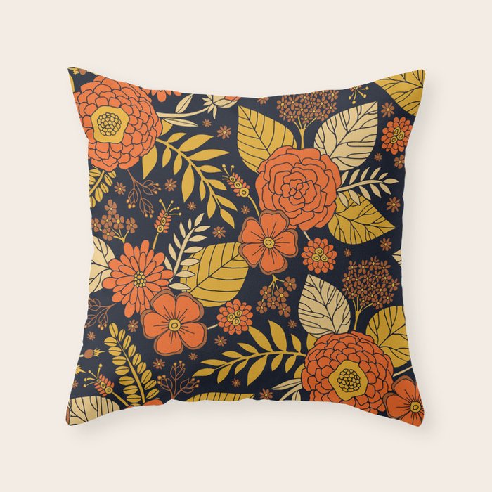 Retro Orange Yellow Brown Navy Floral Pattern Throw Pillow By