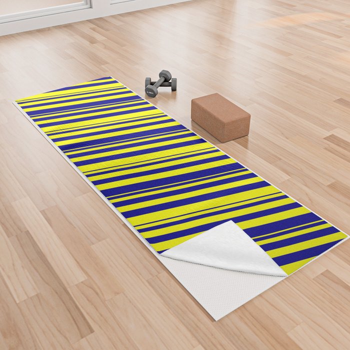 Yellow and Dark Blue Colored Striped Pattern Yoga Towel