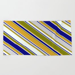 [ Thumbnail: Colorful Light Gray, Green, Goldenrod, Mint Cream, and Blue Colored Pattern of Stripes Beach Towel ]