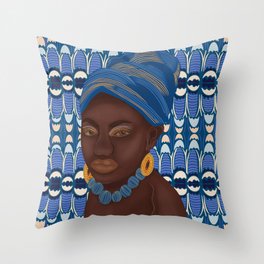 African Woman on Blue Pattern Throw Pillow