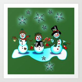 Snowman Trio Green Background Christmas Art Print | Fun, Love, White, Frozen, Snowlady, Snowman, Green, Christmas, Homedecorating, Adults 