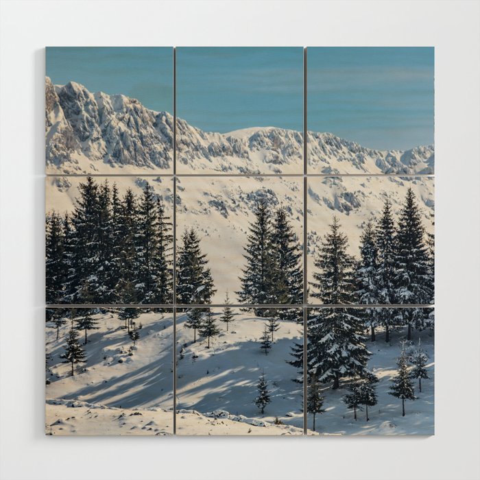 Winter landscape with snow-covered fir trees Wood Wall Art